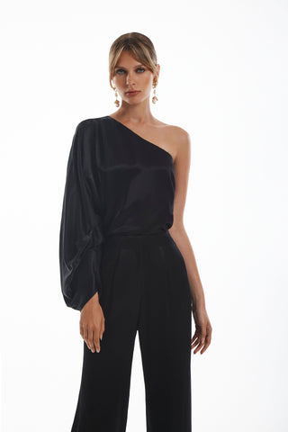 Satin Pleated One Shoulder Blouse
